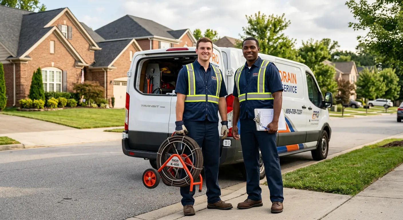 Sewer and drain service team with equipment ready for work in Huron