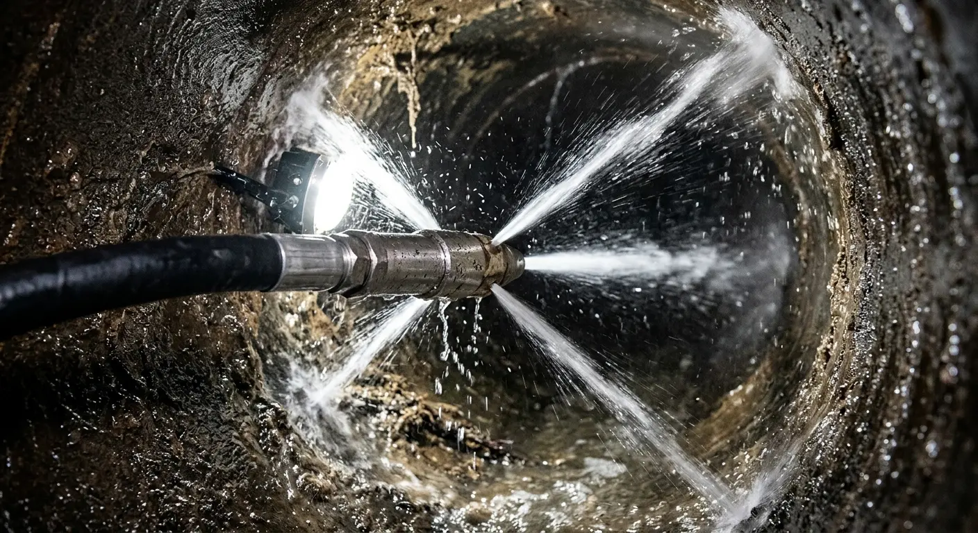High-pressure hydro jetting nozzle cleaning sewer pipe for Emergency Drain Service in Huron
