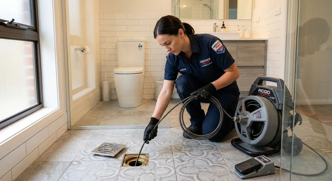 Technician clearing a bathroom floor drain for Clogged Drain Repair in Huron